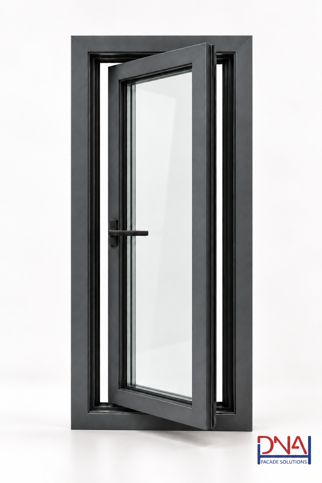 DNA charcoal window with glass, handle and partly open sash